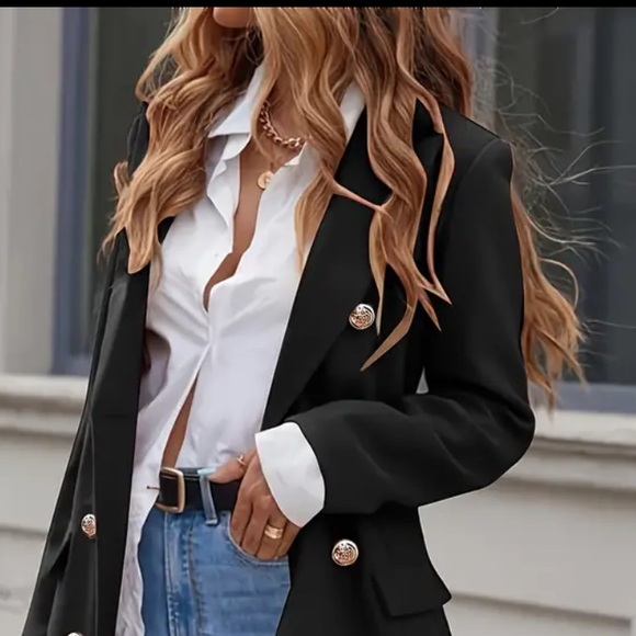 NWT Double-breasted Lapel Coat, Elegant Solid Long Sleeve Knee Length Coat - Picture 2 of 8